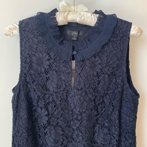 J. Crew Navy Blue Ruffle Neck Scalloped Lace Sleeveless Top Size S NWT